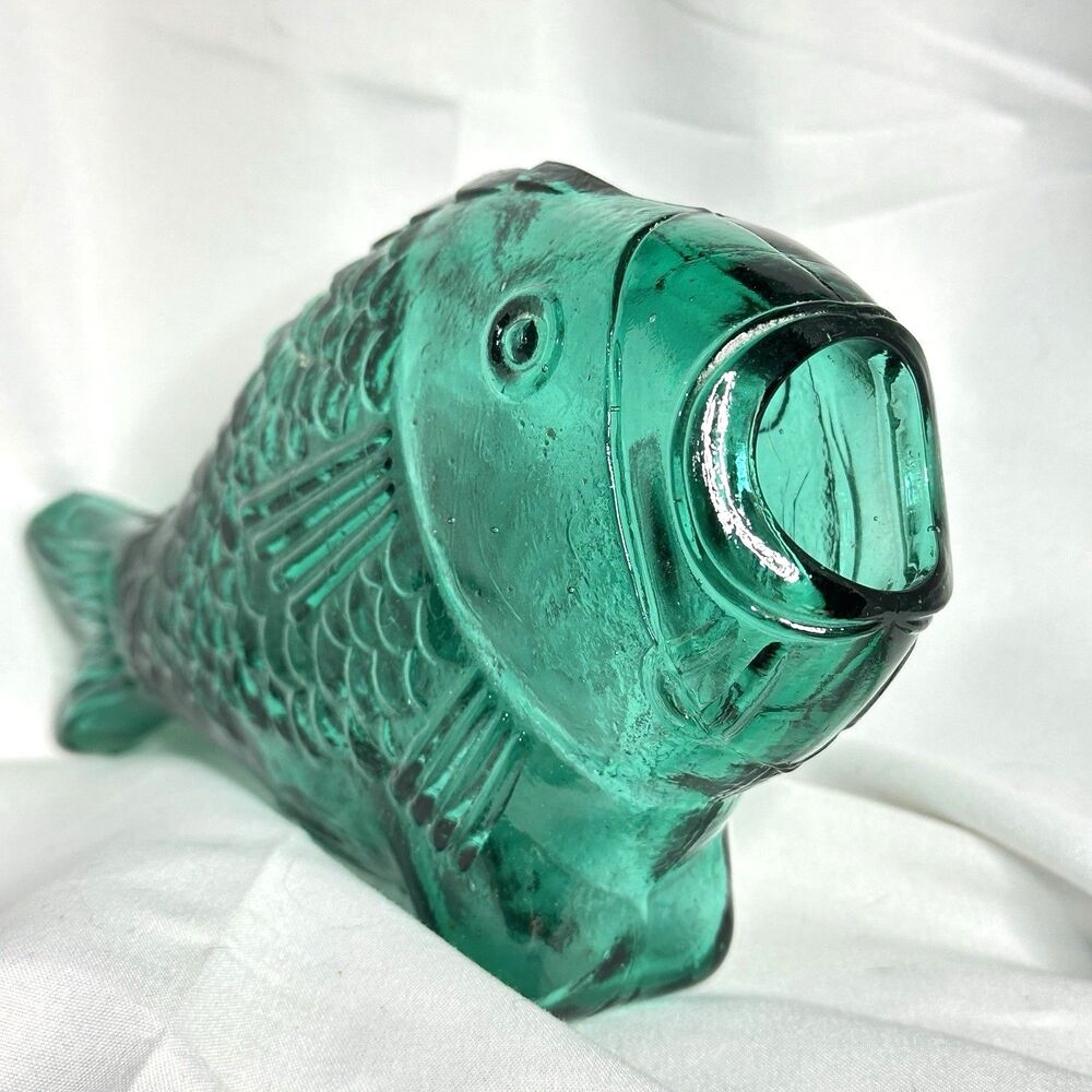 Vintage Fish Bottle Vase Emerald Green Glass Open Mouth Standing 8" x 4.5"